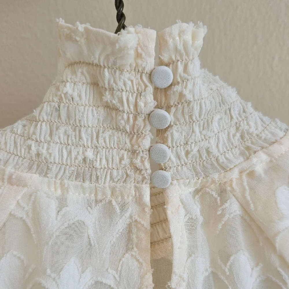 H&M Cream Sheer High Neck Victorian Ruffled Boho Mesh Blouse Top Size 4 Coquette